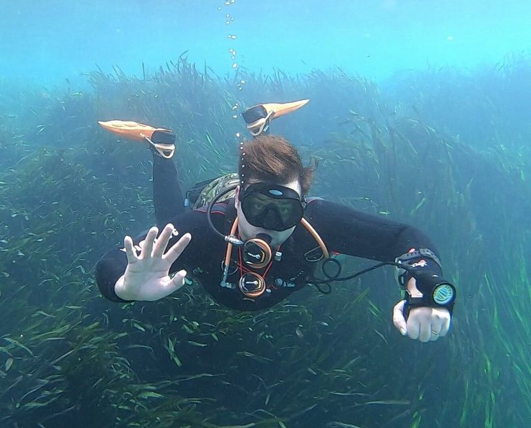 Ben Stanfield diving in a clear spring over seagrass